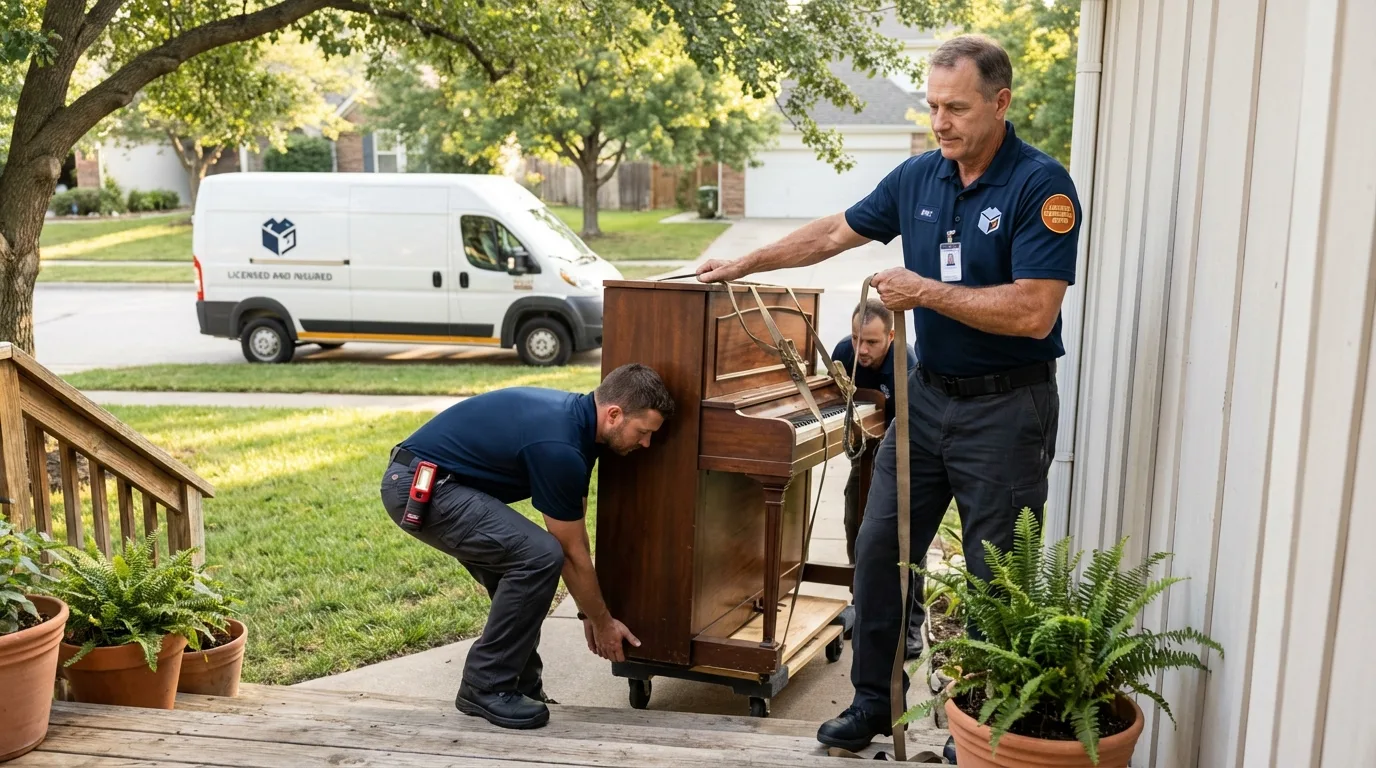 Licensed piano movers securing grand piano in Peachtree Corners, GA