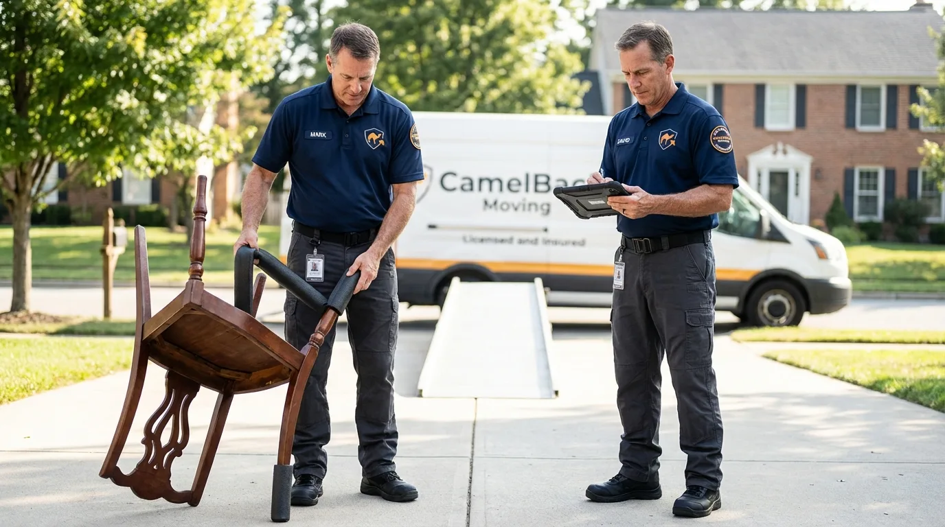 Movers inspecting furniture for damage prevention before loading in Peachtree Corners, GA