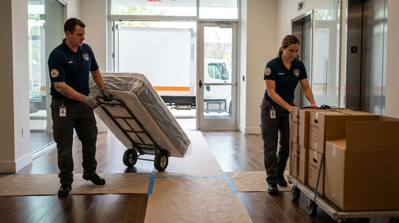Professional apartment movers loading elevator in Peachtree Corners, GA