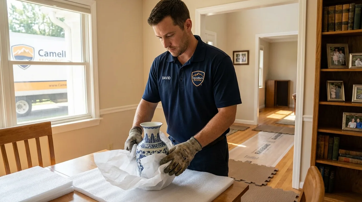 Professional crew carefully wrapping antique vase for senior downsizing move in Peachtree Corners, GA